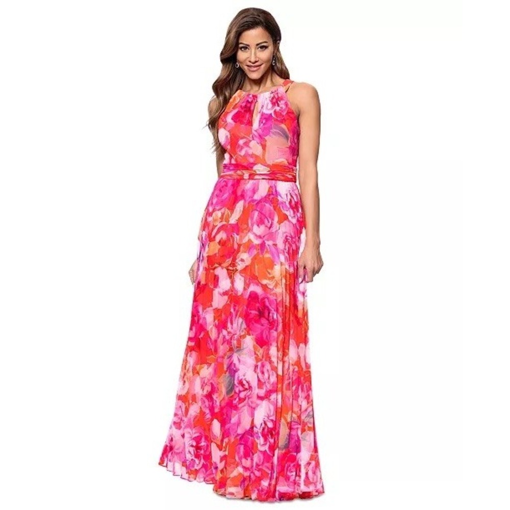 NWT XSCAPE Maxi Dress Womens Pink Floral Pleated Halter Gown 10P $249